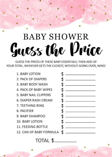 The Guess the Price baby shower game includes 24 kraft and pastel game cards that list must-have items for a new bundle of joy. Guess the price for each ...